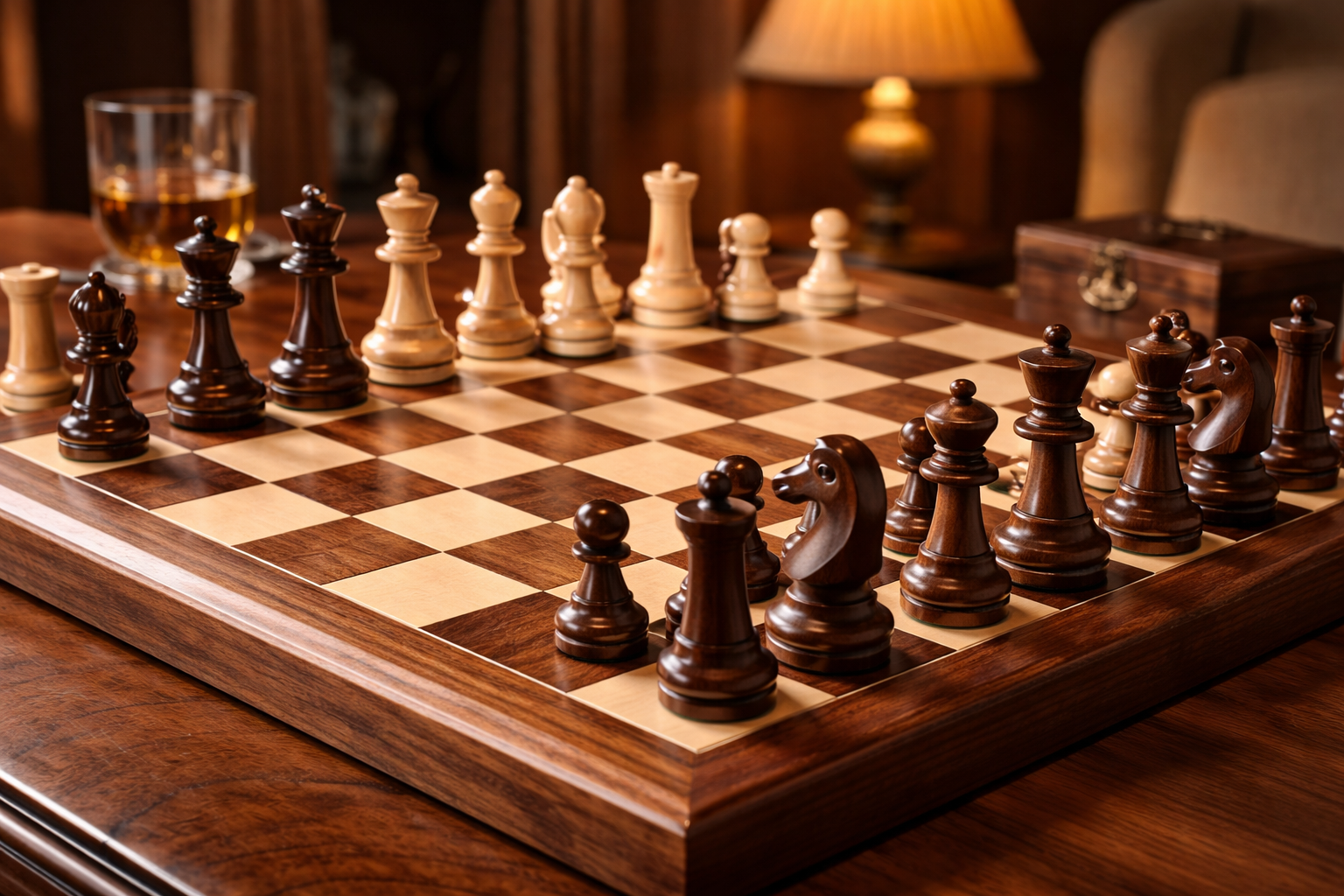 Luxury wooden chessboard with Staunton pieces, showcasing fine craftsmanship and natural wood materials in a refined interior.