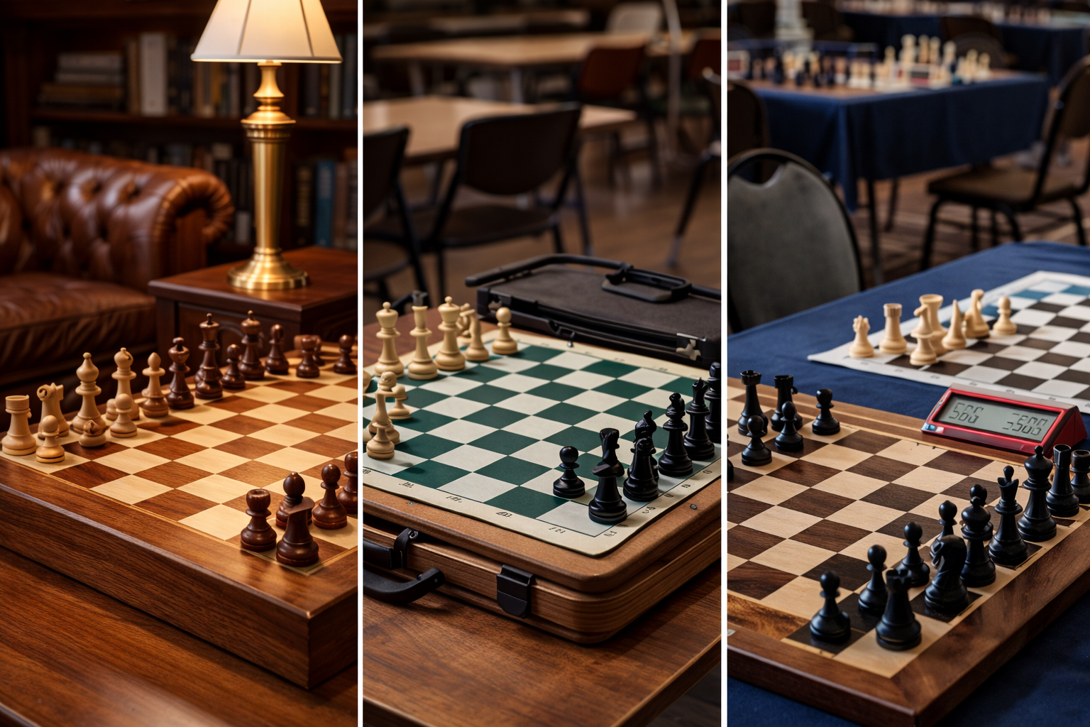 Comparison of chess sets for home, club and tournament use, showing differences in boards, pieces and playing environments.
