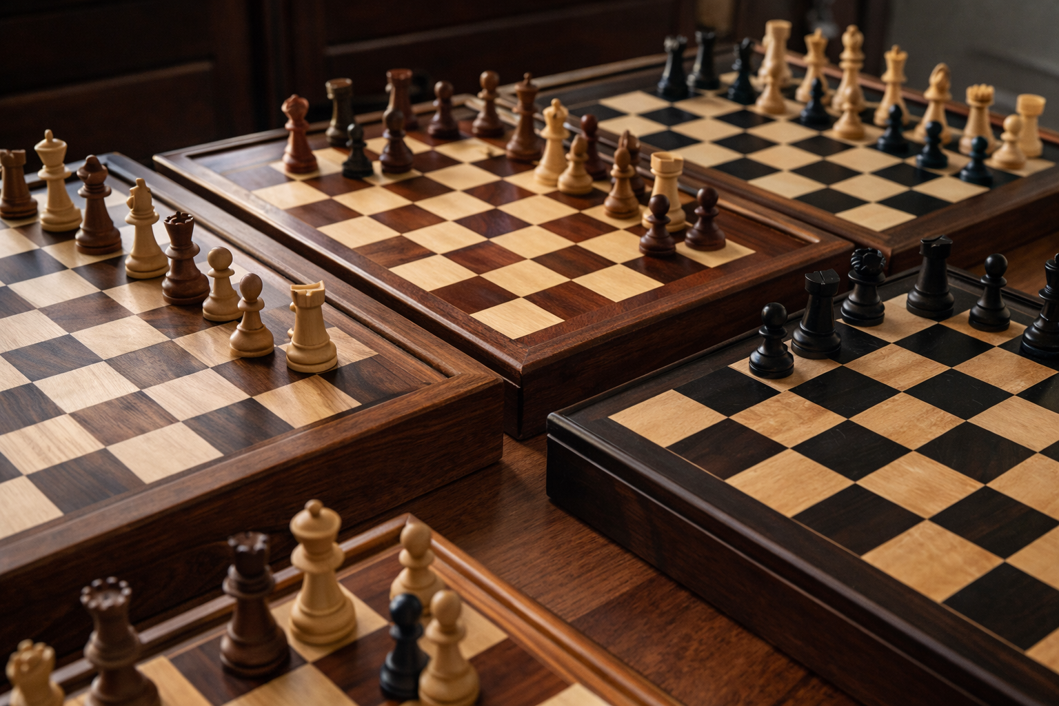 Premium wooden chessboards made from walnut, maple, rosewood and ebony, highlighting different wood grains and finishes.