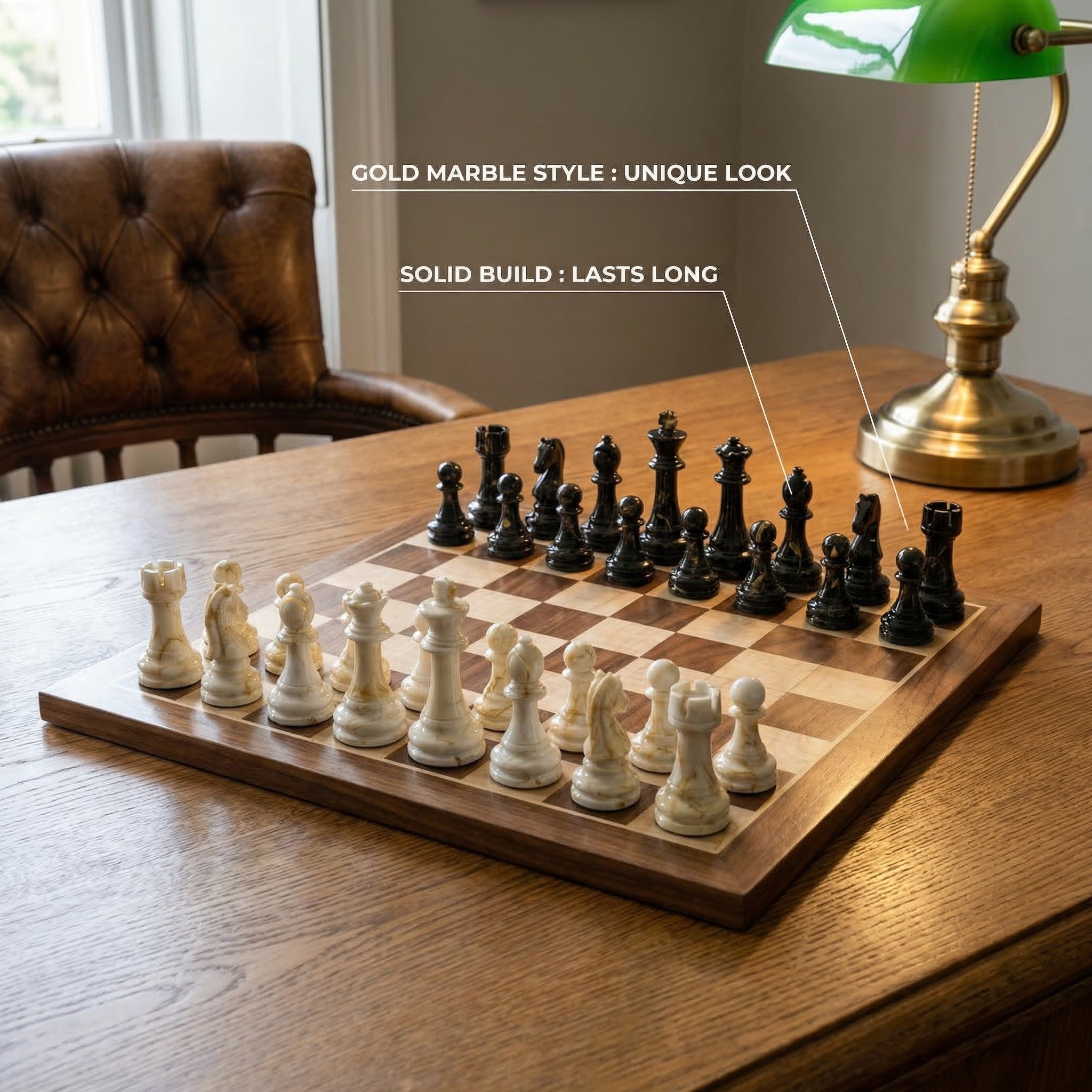 Marble Effect Staunton Chess Pieces - Weighted Deluxe Set | Black & White