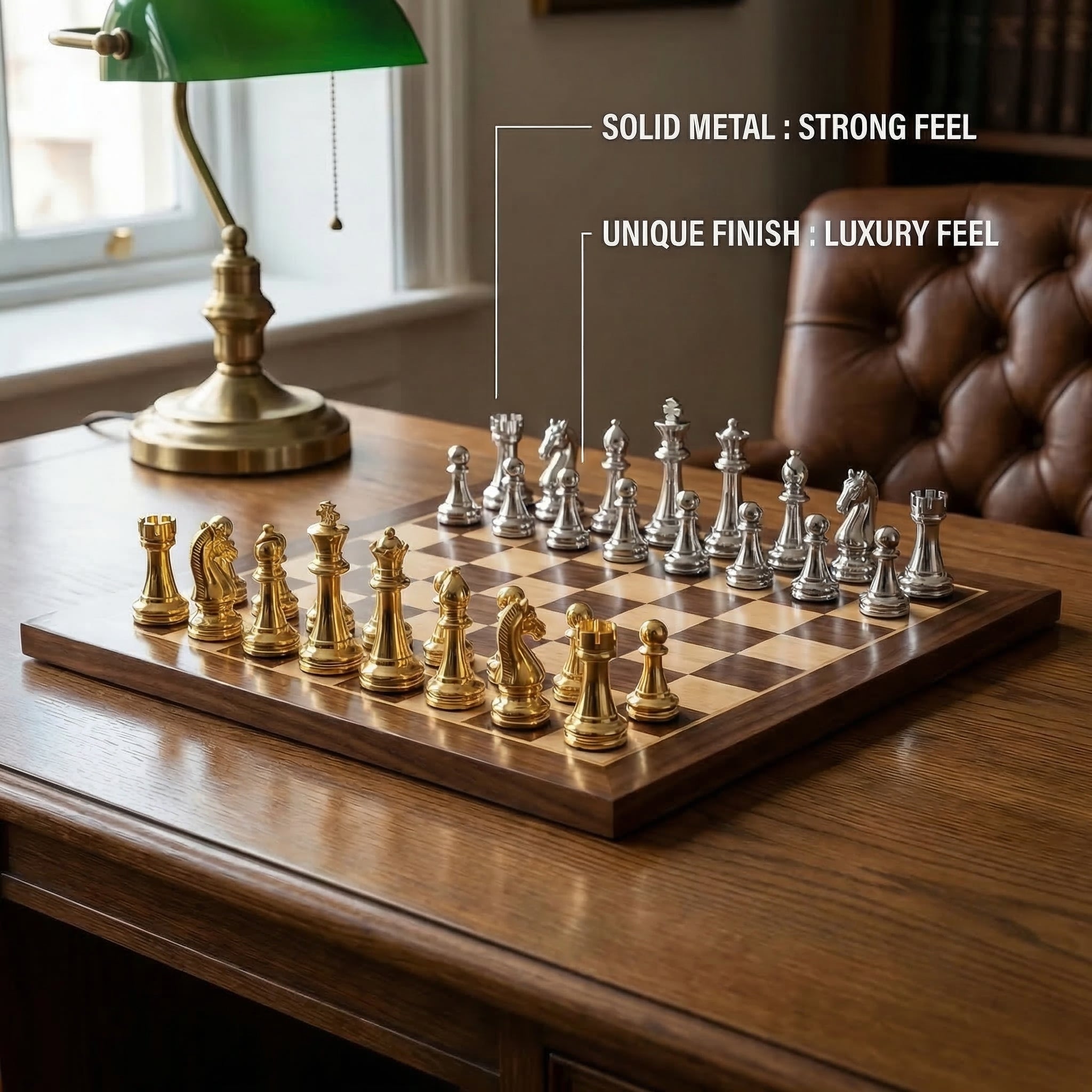 Gold & Silver Metal Chess Pieces - High-Gloss Luxury Staunton Set