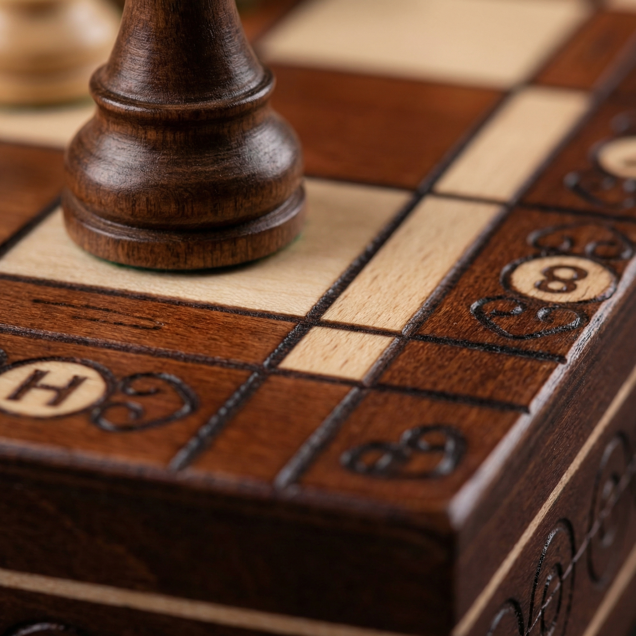 Close-up of European hornbeam and beech chessboard with engraved coordinates and wooden chess piece – handcrafted in Europe