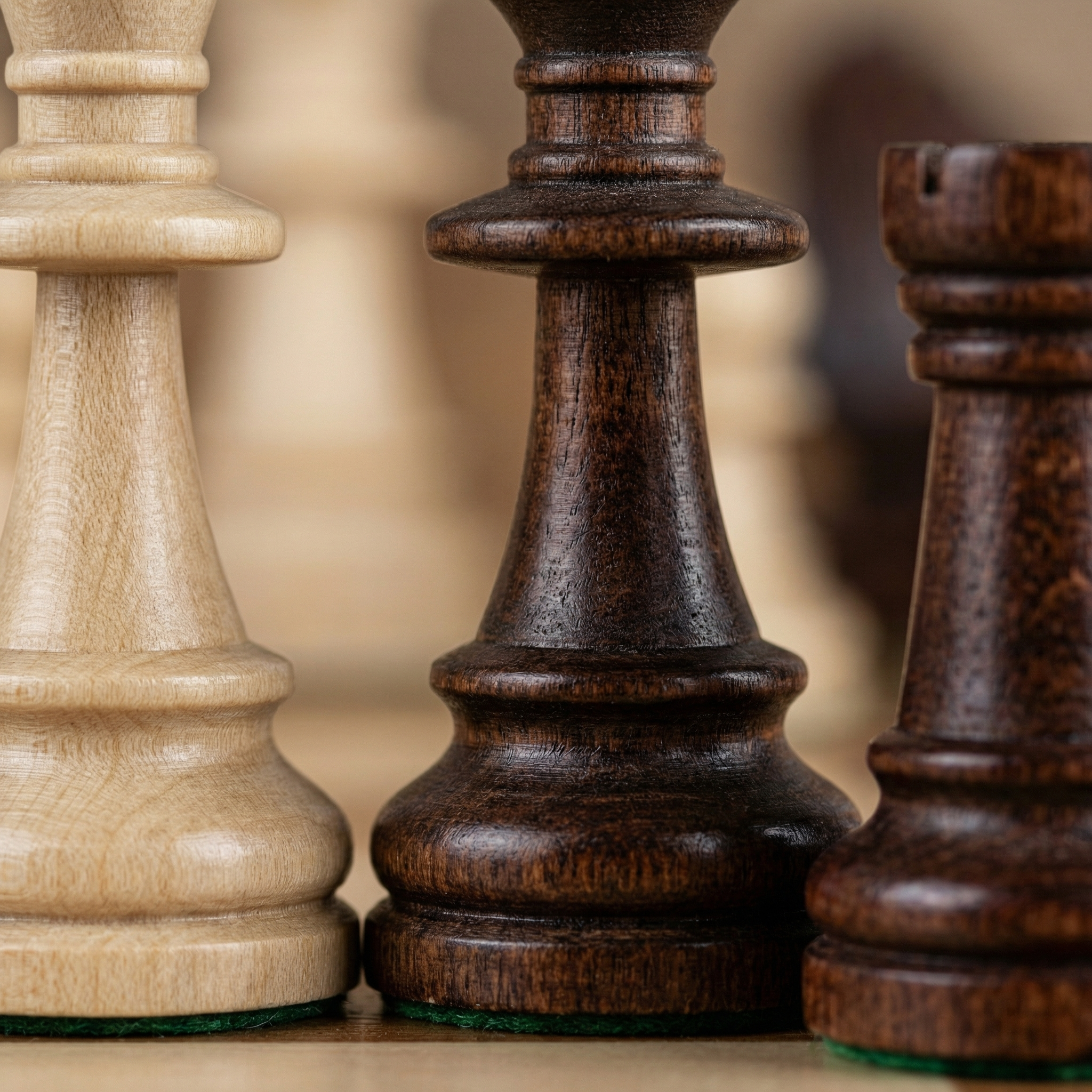 Close-up of European hornbeam wooden chess pieces king and rook – handcrafted luxury Staunton chess set