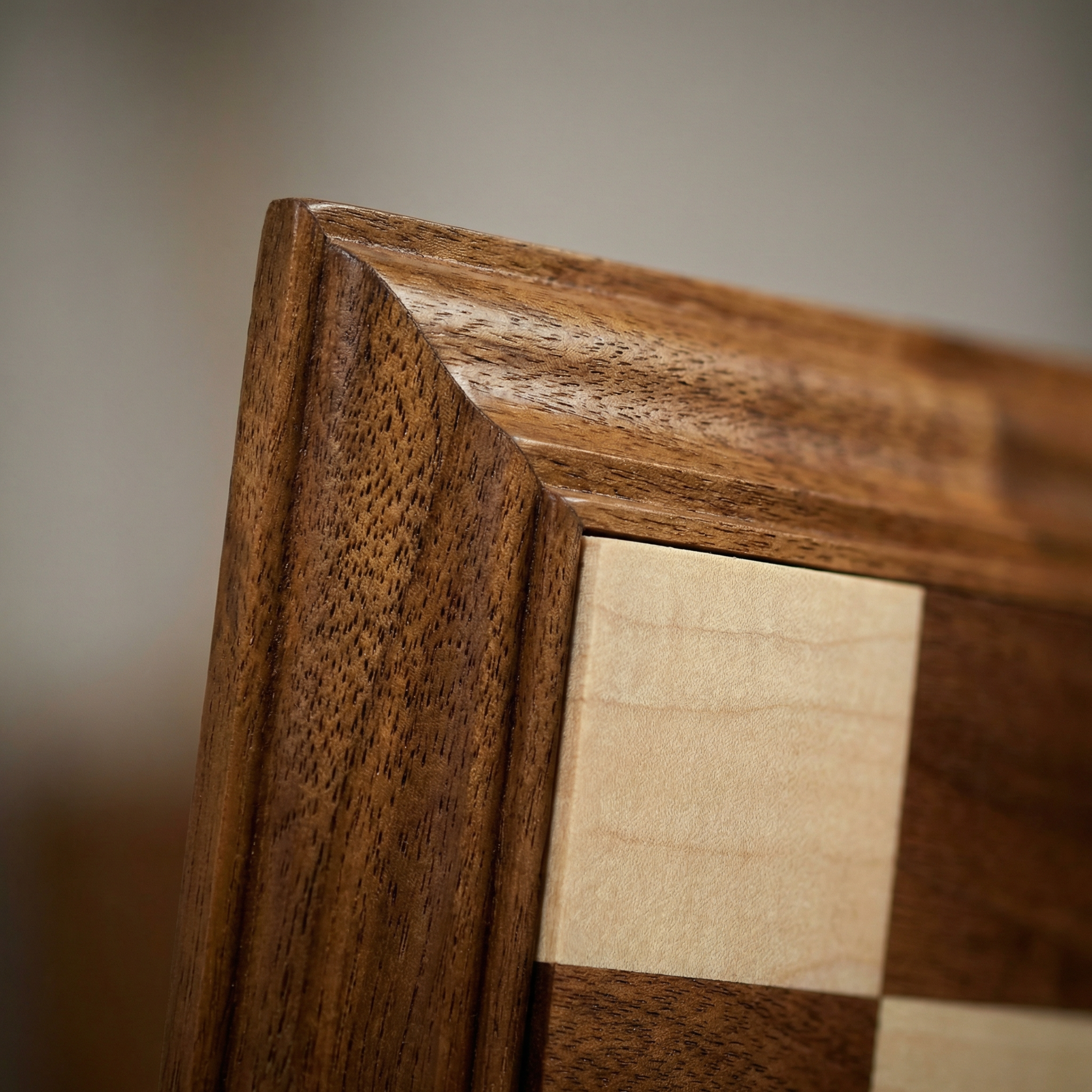 Close-up of handcrafted solid walnut chessboard corner with natural maple squares – premium luxury wooden chess board